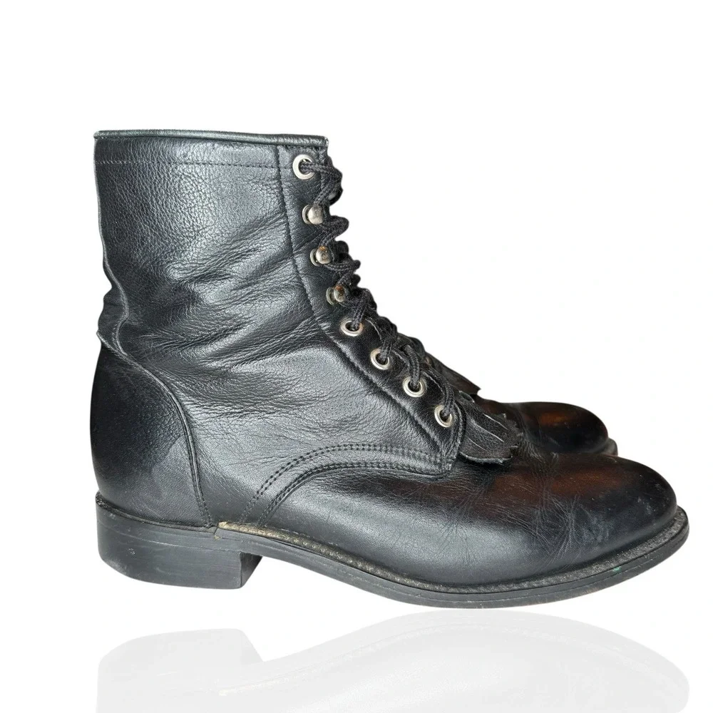 Vintage Justin‎ Black Leather Roper Boots Mens 5D Lace-Up Western Logger